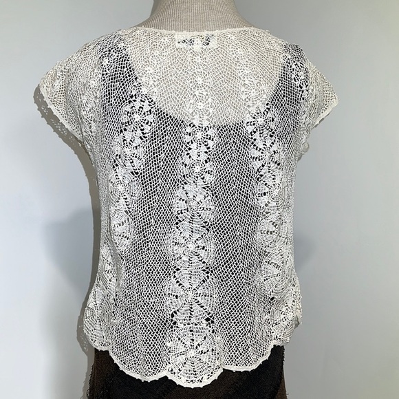 Open Knit Crochet Sweater Womens Size Medium Cap Sleeves Handmade Silk Sheer Top - Picture 6 of 12